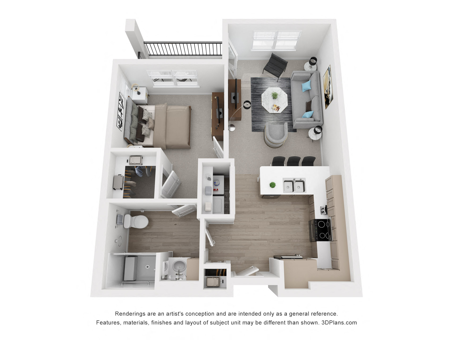 Floor plan for 1 bed, 1 bath, 690 sqft